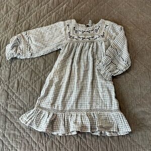 Girls Plaid Long Sleeve Flannel Prairie Dress with Embroidery